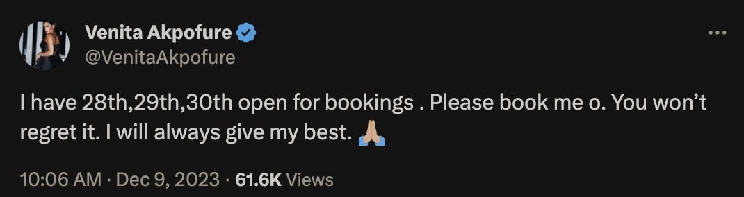 "What’s she selling?" - Reactions as Venita pleads for bookings